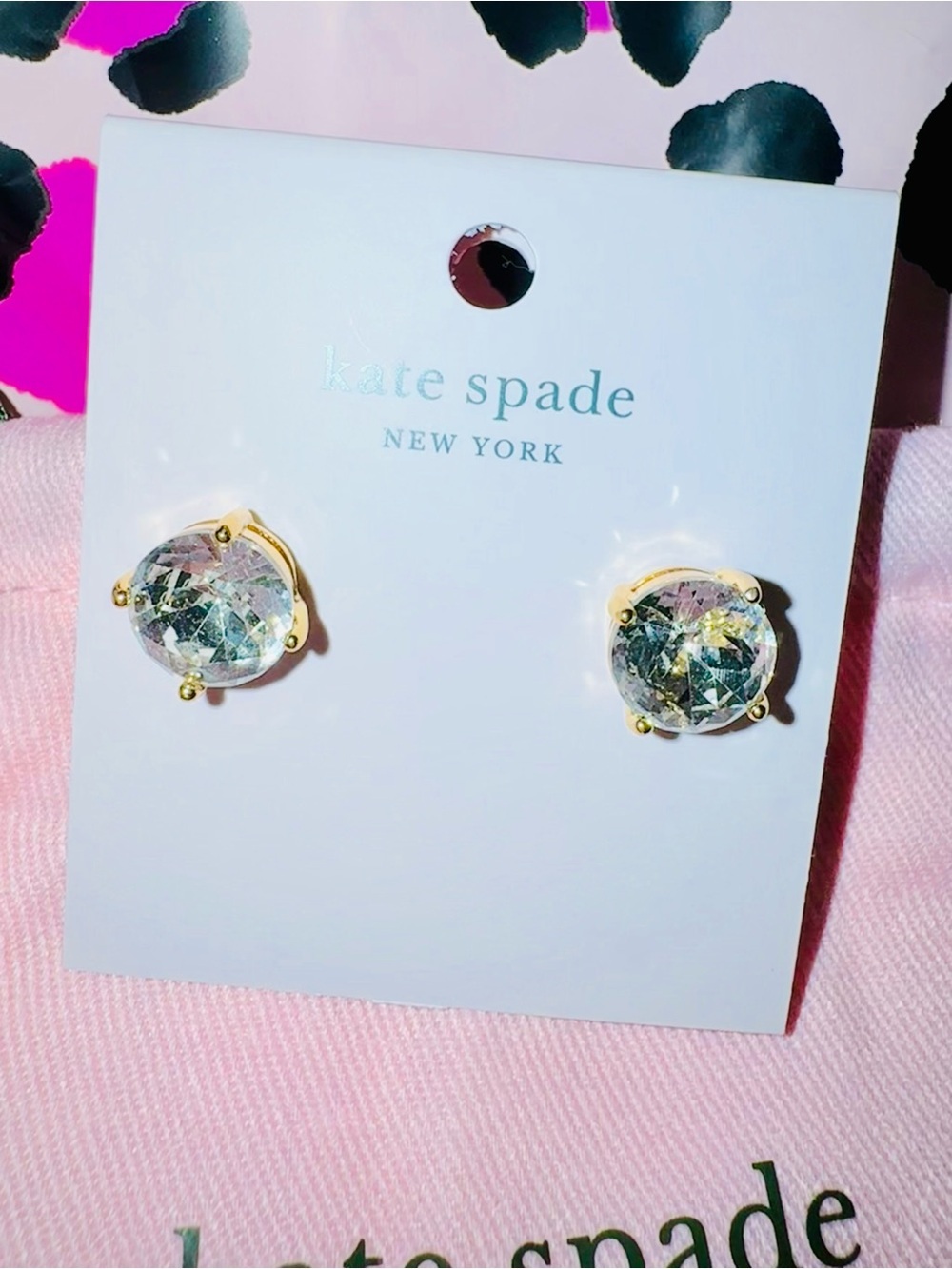 Kate Spade New York Clear Crystal Stud Earrings with Dustbag - Gold tone NWT